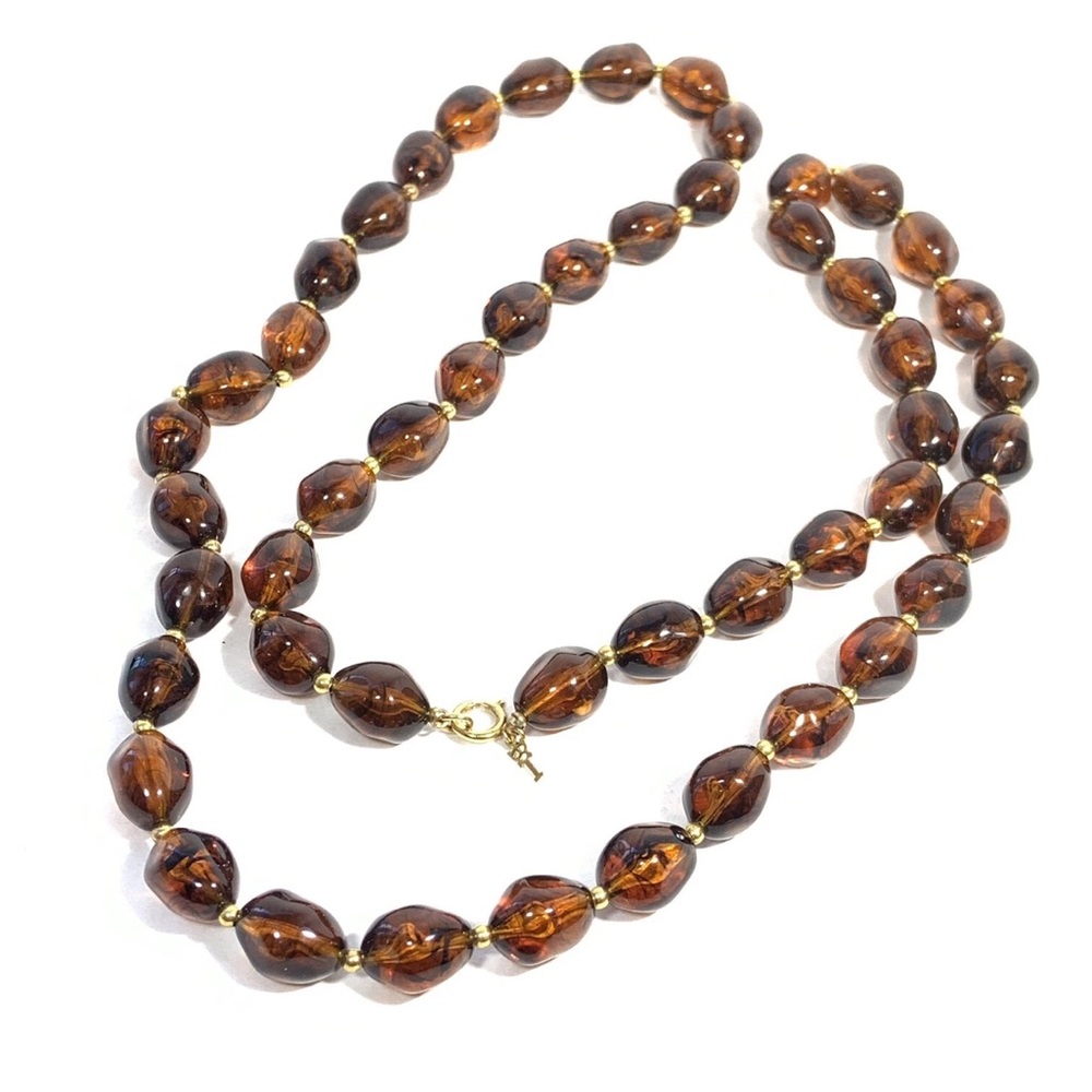Vintage Crown Trifari Amber Root Beer Lucite Long Beaded Necklace